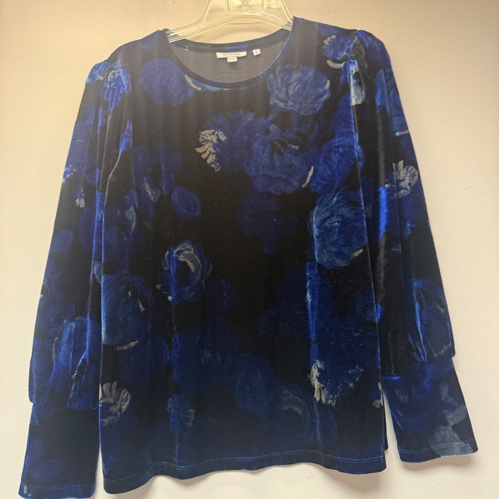 Chico's Velvet Floral Top Womens XL 3 Blue Black Excellent Puff Sleeve Blouse
